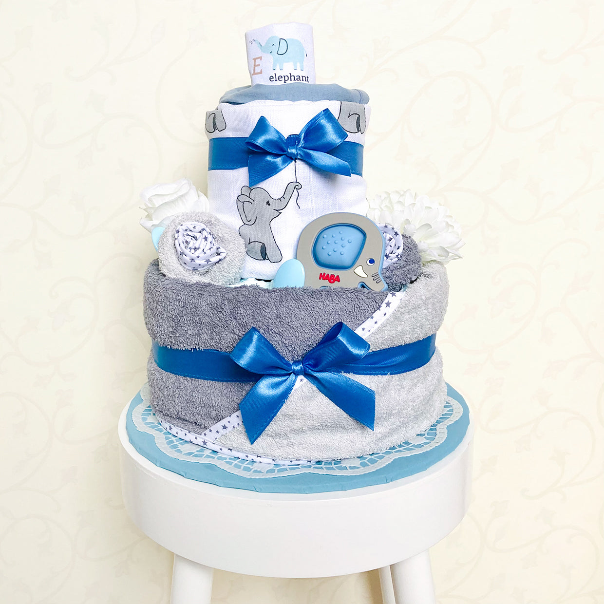 moments Windeltorte Elefant grau blau zur Geburt
