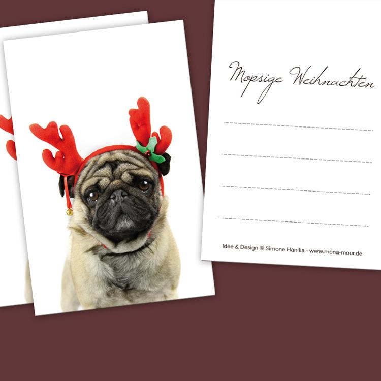 10 Boxen mit Geschenkanhänger „Mopsige Weihnachten“