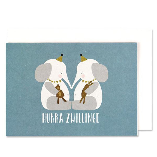 ava&yves Klappkarte Hurra Zwillinge - Elefantenbabies, blau