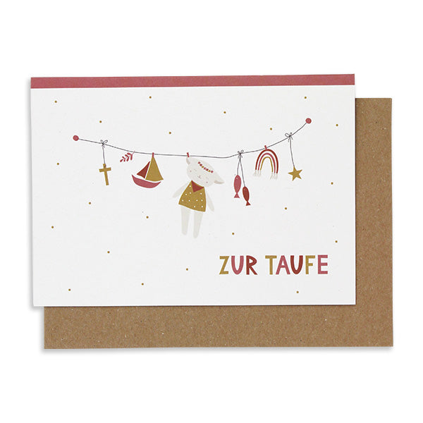 ava&yves Klappkarte Zur Taufe, Wäscheleine mit Lamm und Schiff, rose/ocker