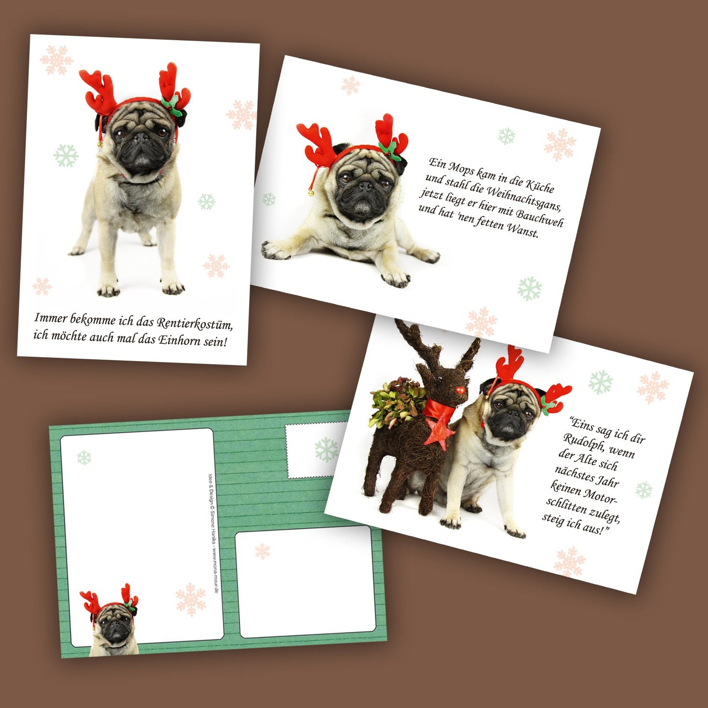 3 Postkarten „Weihnachtsmops“