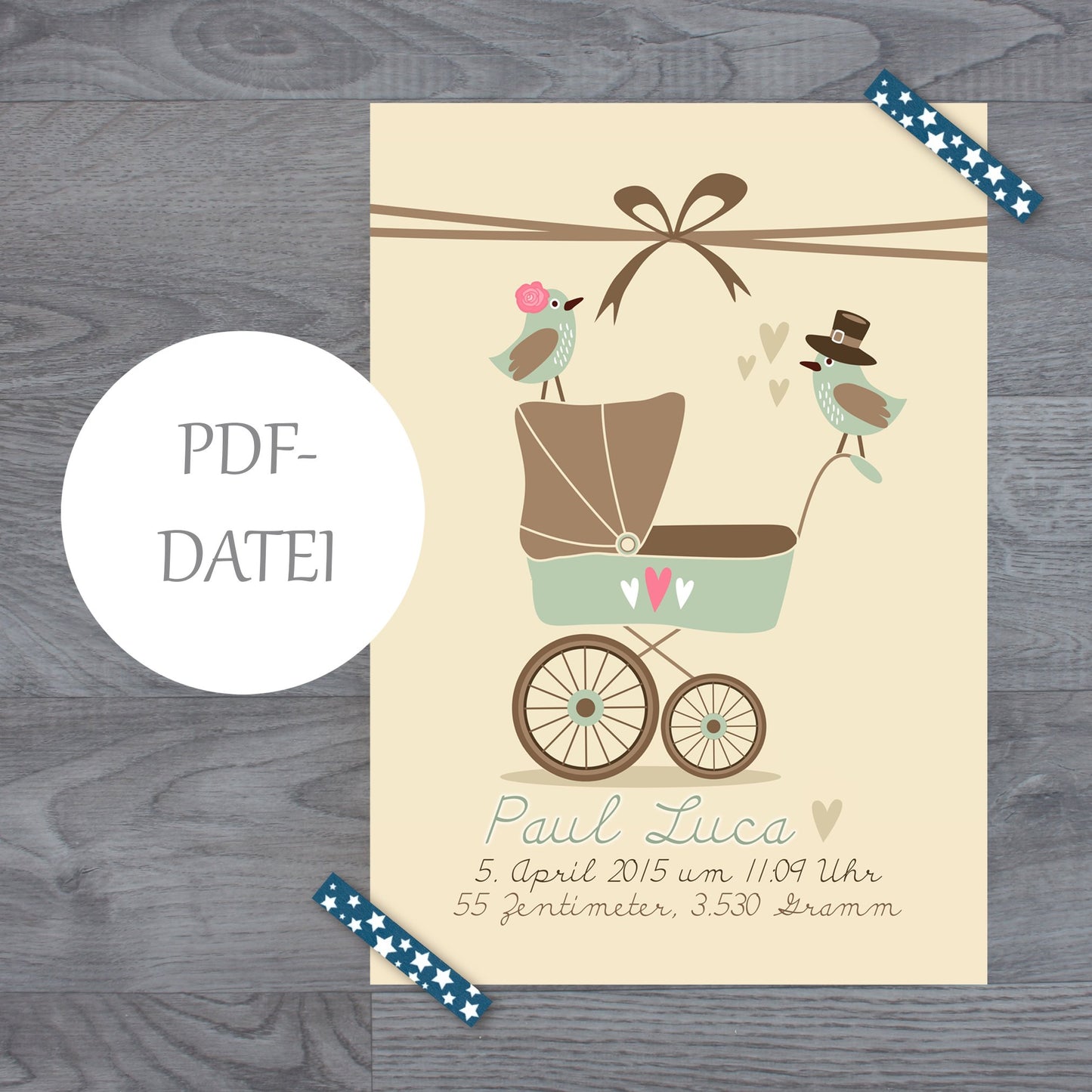 Personalisierte Geburtsanzeige Baby mint - PDF-Datei zum SELBST DRUCKEN bis DIN A3