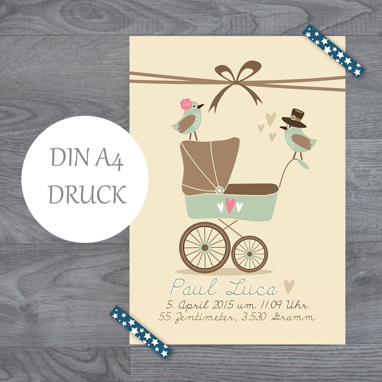 Personalisierte Geburtsanzeige Baby - Fineart Druck DIN A4 mint