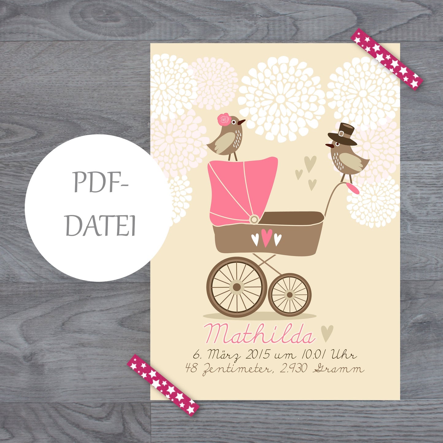 Personalisierte Geburtsanzeige Baby rosa - PDF-Datei zum SELBST DRUCKEN bis DIN A3