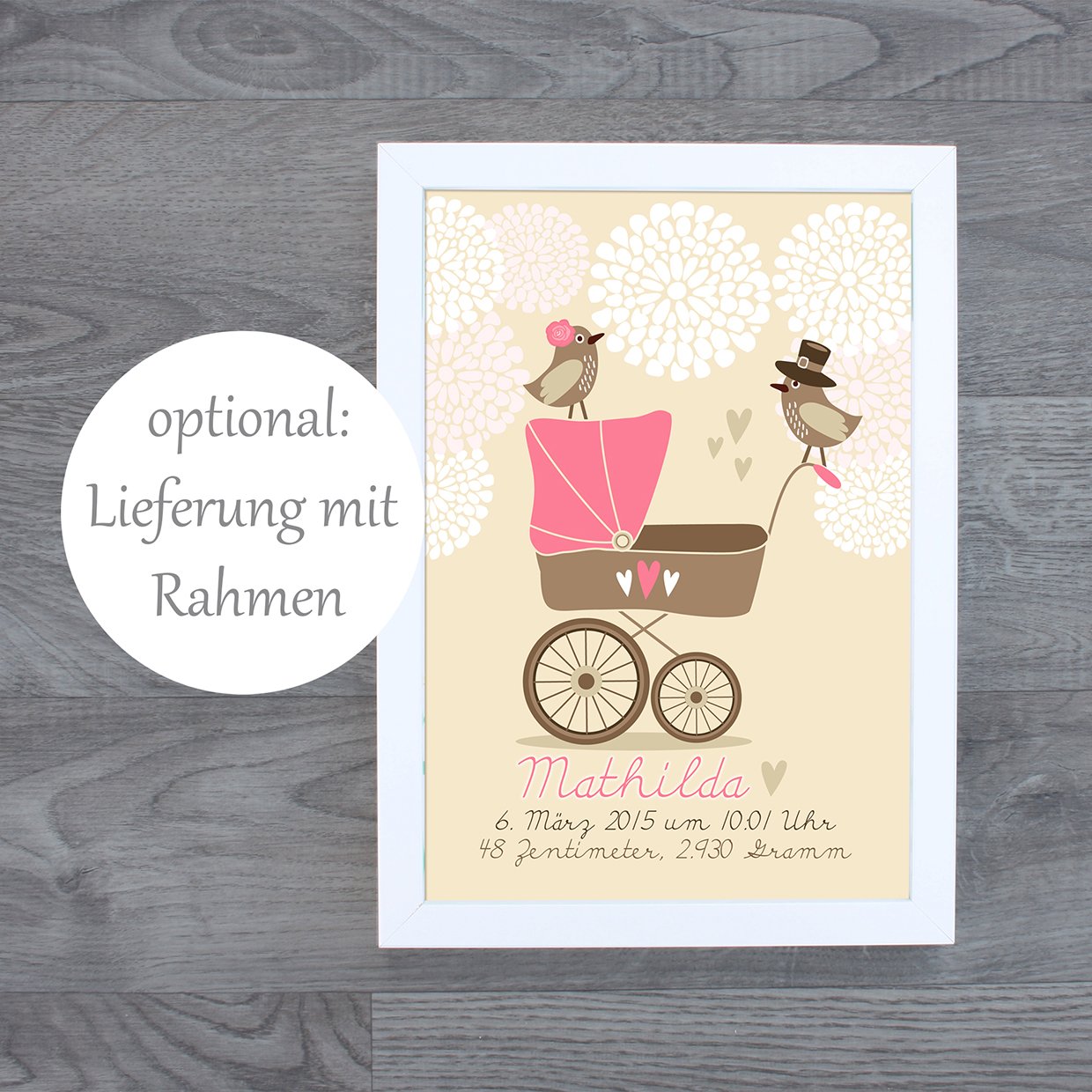 Personalisierte Geburtsanzeige Baby - Fineart Druck DIN A4 rosa