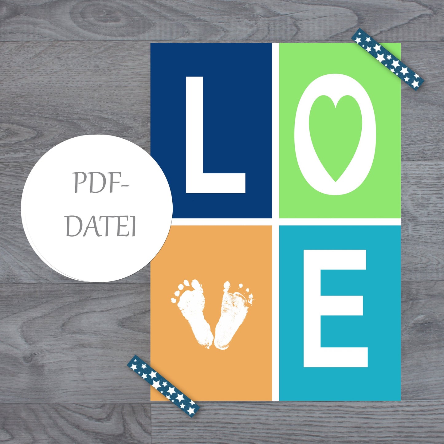 Personalisiertes Fußabdruckbild Newborn (0-3 Mon) - PDF-Datei zum SELBST DRUCKEN bis DIN A3 blau