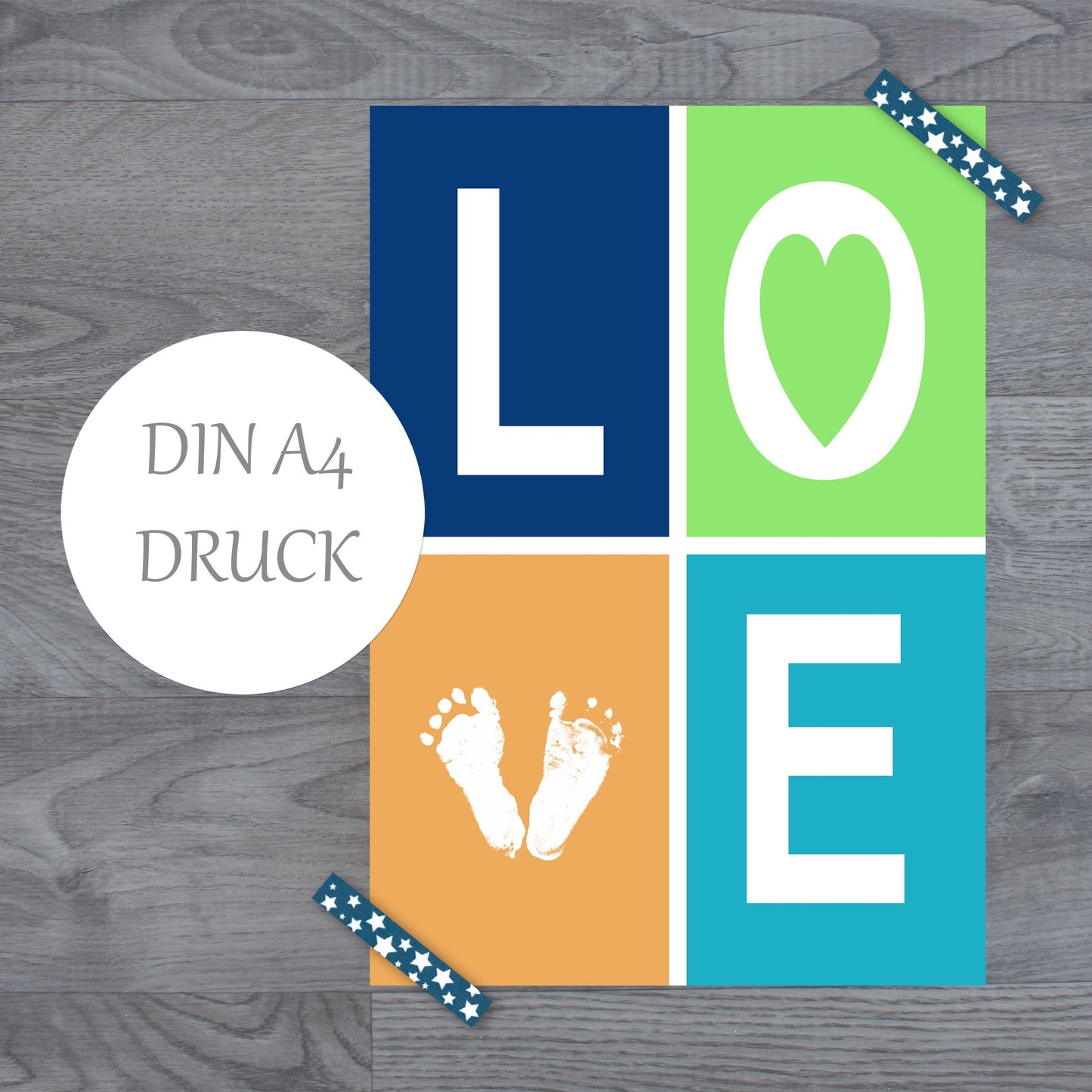 Personalisiertes Fußabdruckbild Newborn (0-3 Mon) - Fineart Druck DIN A4 blau
