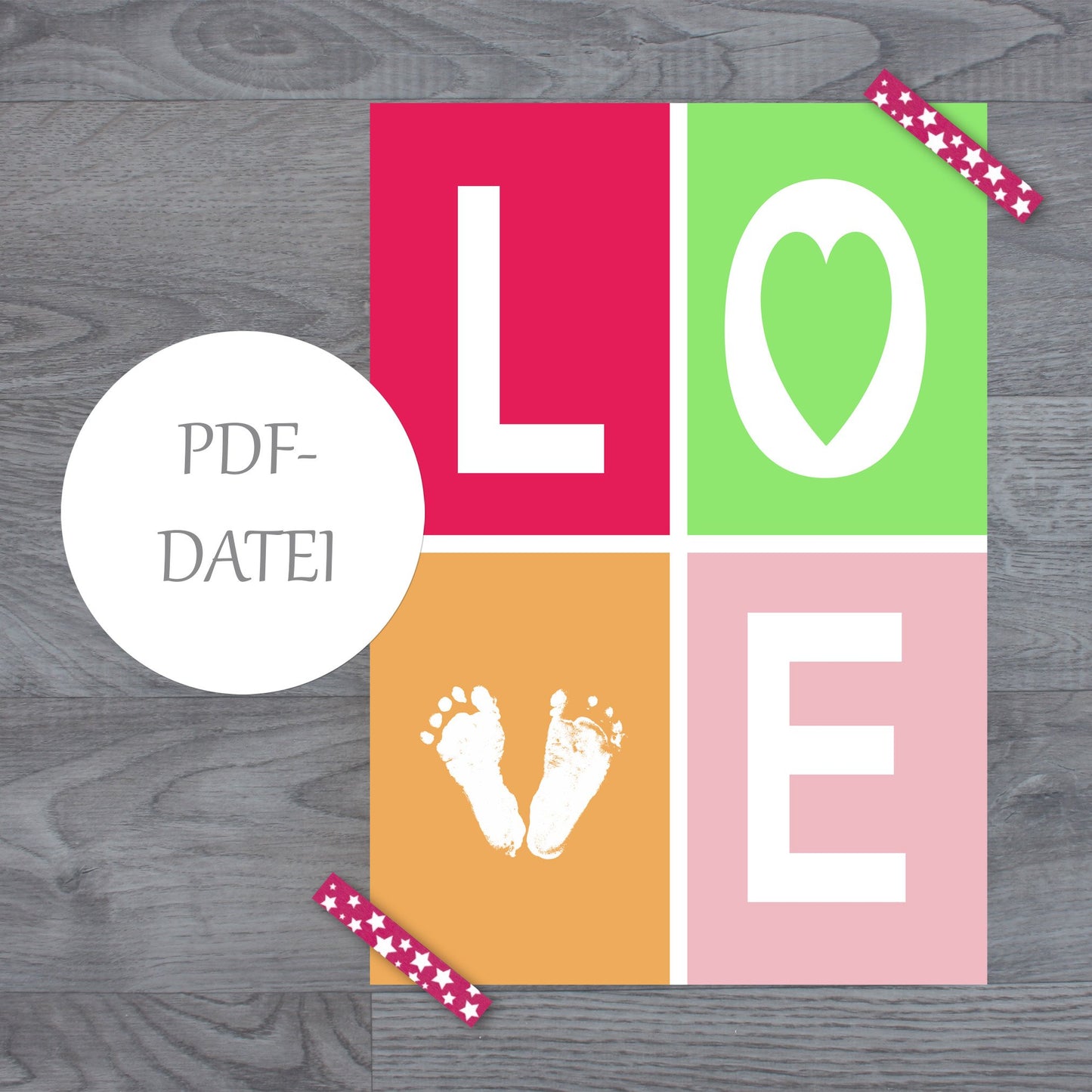 Personalisiertes Fußabdruckbild Newborn (0-3 Mon) - PDF-Datei zum SELBST DRUCKEN bis DIN A3 rosa