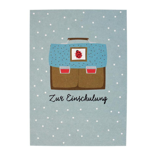 ava&yves Postkarte Zur Einschulung, Ranzen braun-blau mit Marienkäfer