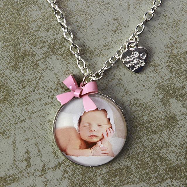 Personalisierte Kette - Dein Foto mit Schleife rosa oder blau
