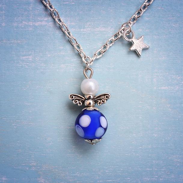 Schutzengel Kette blau mit weißen Punkten