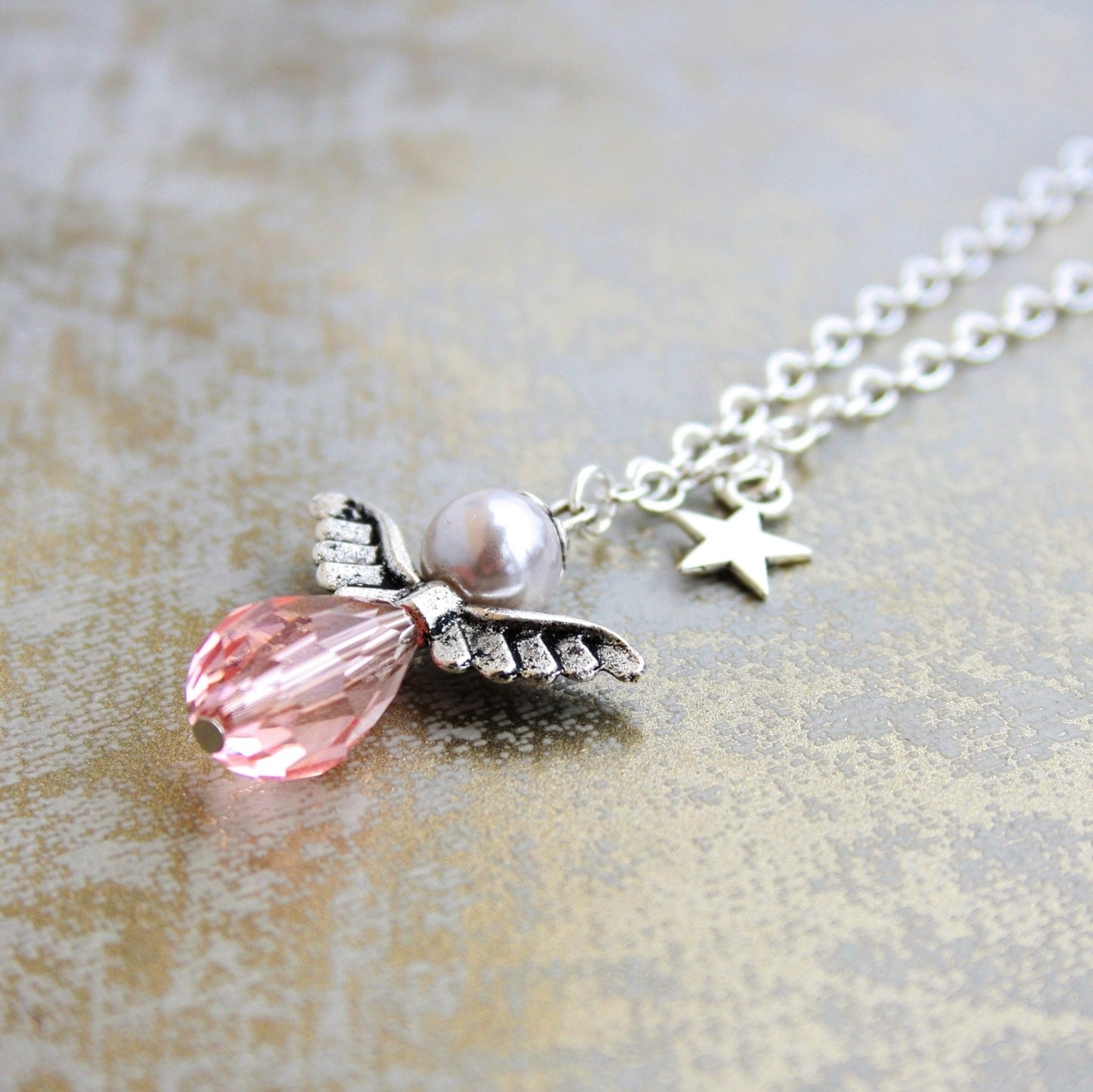 Schutzengel Kette silberfarben Glasschliffperle Rosé