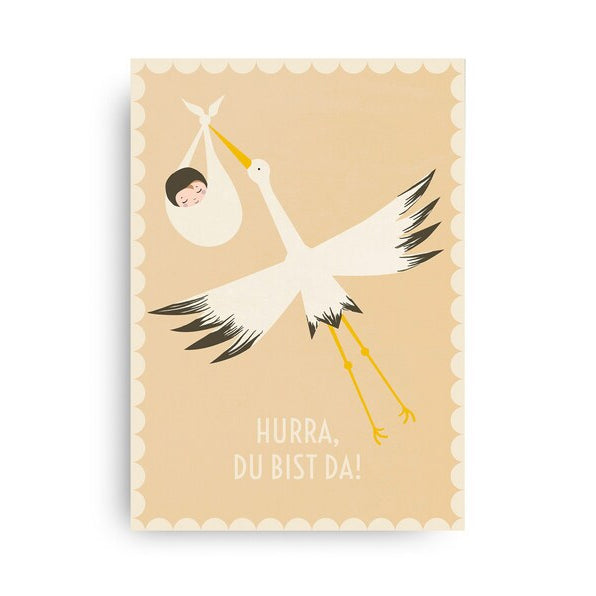 Monimari Postkarte Hurra, du bist da! Baby Storch Beige