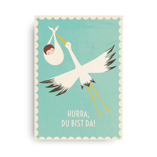 Monimari Postkarte Hurra, du bist da! Baby Storch Blau