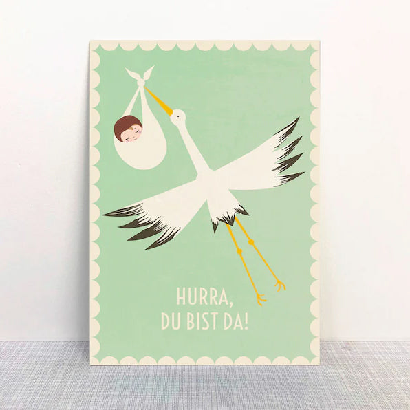 Monimari Postkarte Hurra, du bist da! Baby Storch Mintgrün