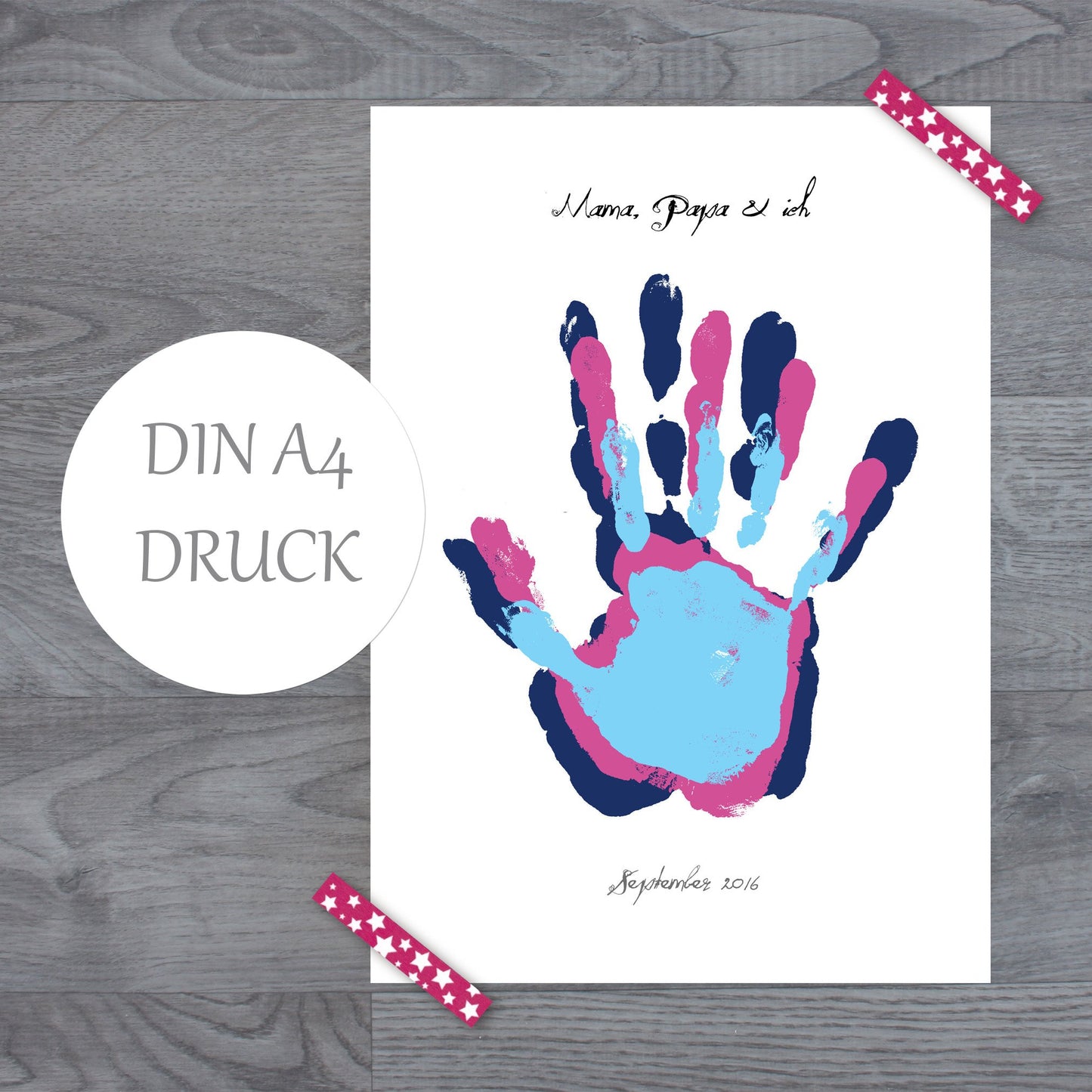 Family Handprint Fineart Druck DIN A4 (personalisierbar mit bis zu 4 Handabdrücken)