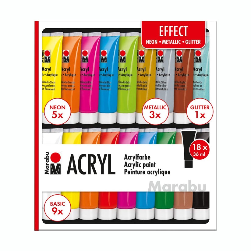 Marabu Acrylfarben 18 x 36 ml - EFFECT SET - 9 x Basic, 5 x Neon, 3 x Metallic und 1 x Glitter